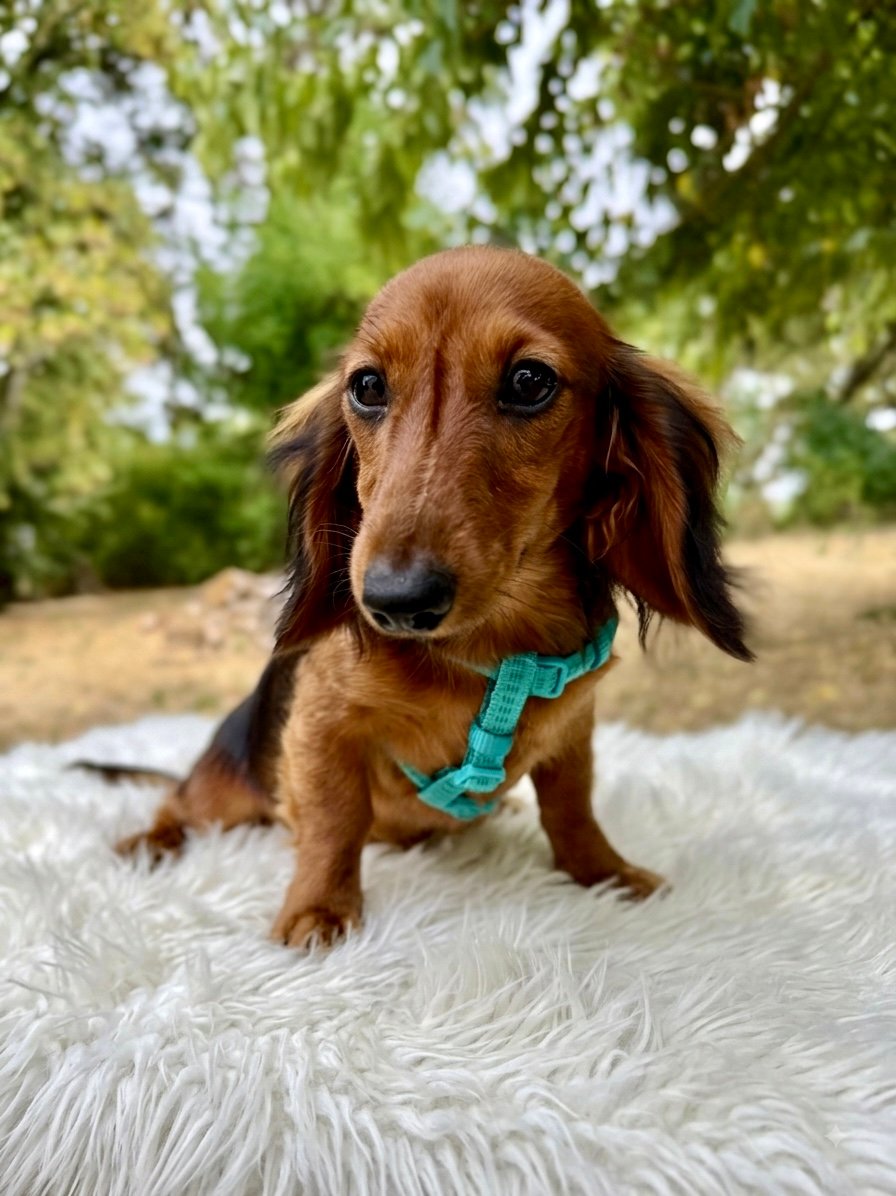 Chiot teckel nain avec un harnais, élevage Deep Blue Eyes près de Toulouse